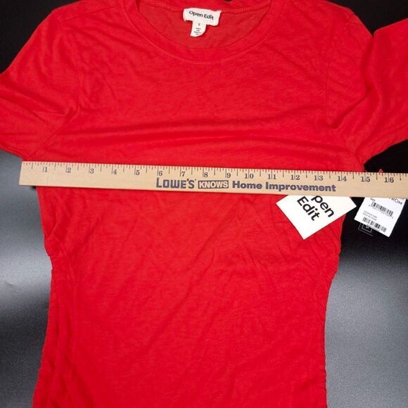 NORDSTROM Open Edit 90s Ruched Long Sleeve Crew Neck Top in Red Womens Small - Picture 5 of 7